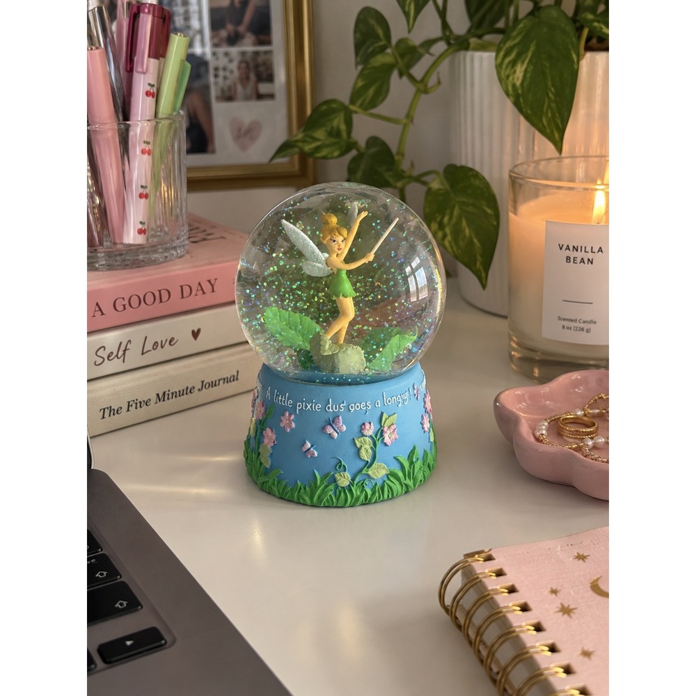 Disney Snow Globe Blue Tinker Bell Fairy Musical Fur Elise Decor Collectible